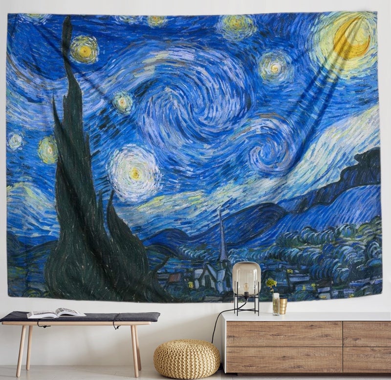IcosaMro Starry Night Tapestry Wall Hanging, V. Gogh Art Wall Tapestries [60x82.7''][Double-Folded Hems]- Star Blanket Tablecloth for Bedroom, Dorm, College, Living Room, Blue - Image 1